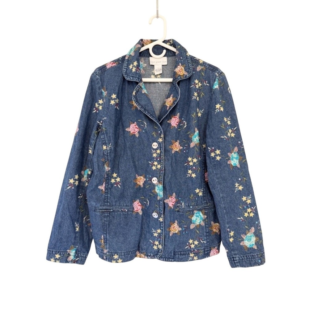 Susan Graver Dark Blue Embroidered Cottagecore Floral Jean Jacket